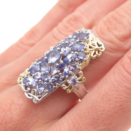 Chuck Clemency 925 Sterling Silver 2-Tone Real Tanzanite Floral Ring Size 8