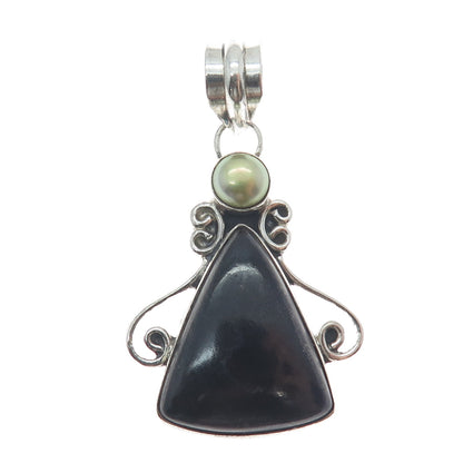 925 Sterling Silver Vintage Real Pearl & Black Onyx Modernist Oxidized Pendant