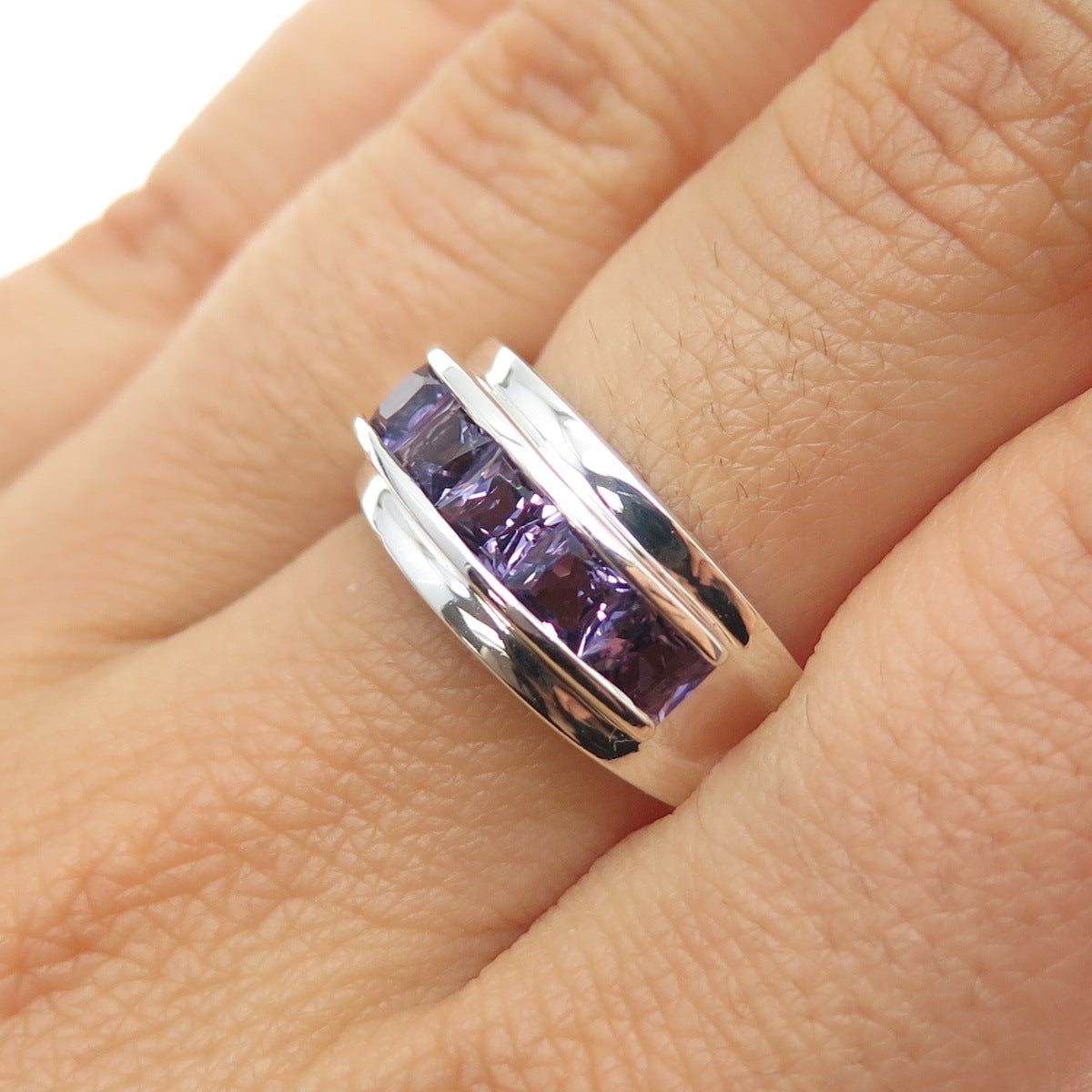 MICHELLE ALBALA 925 Sterling Vintage Real Princess-Cut Amethyst Ring Size 7.5