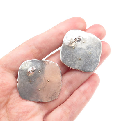 925 Sterling Silver & 14K Yellow Gold Vintage Real Ruby Modernist Earrings