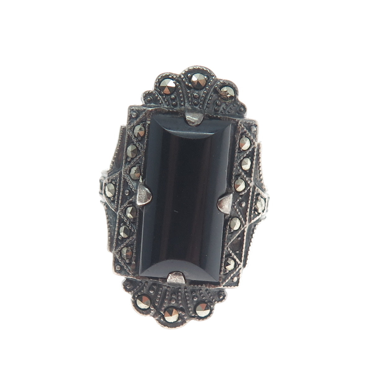 UNCAS Sterling Silver Antique Art Deco Real Black Onyx Marcasite Ring Size 2.75
