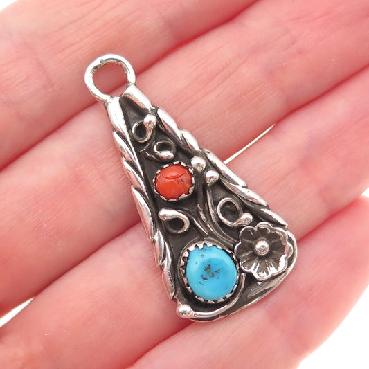 Old Pawn 925 Sterling Silver Vintage Turquoise Coral Floral Tribal Charm Pendant
