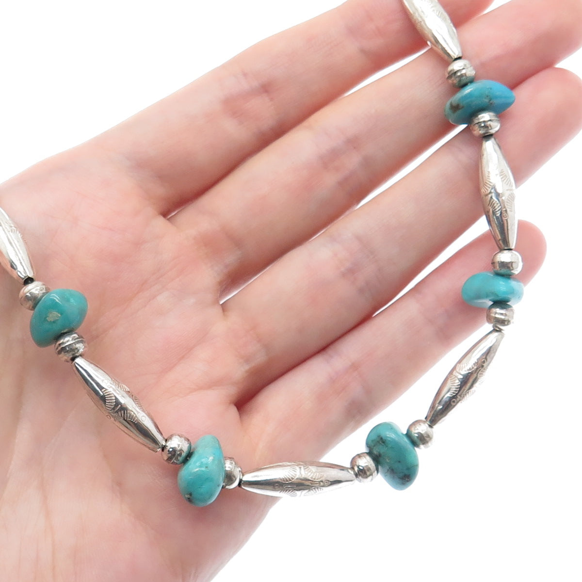 Old Pawn 925 Sterling Silver Vintage Turquoise Gem Bar & Bead Chain Necklace 14"