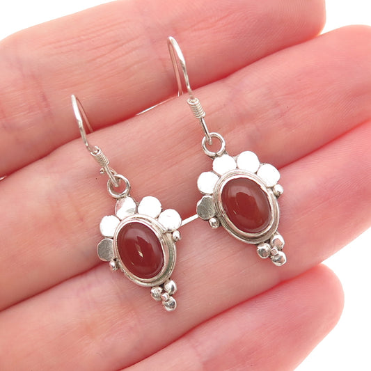 925 Sterling Silver Vintage Real Carnelian Modernist Oxidized Dangle Earrings