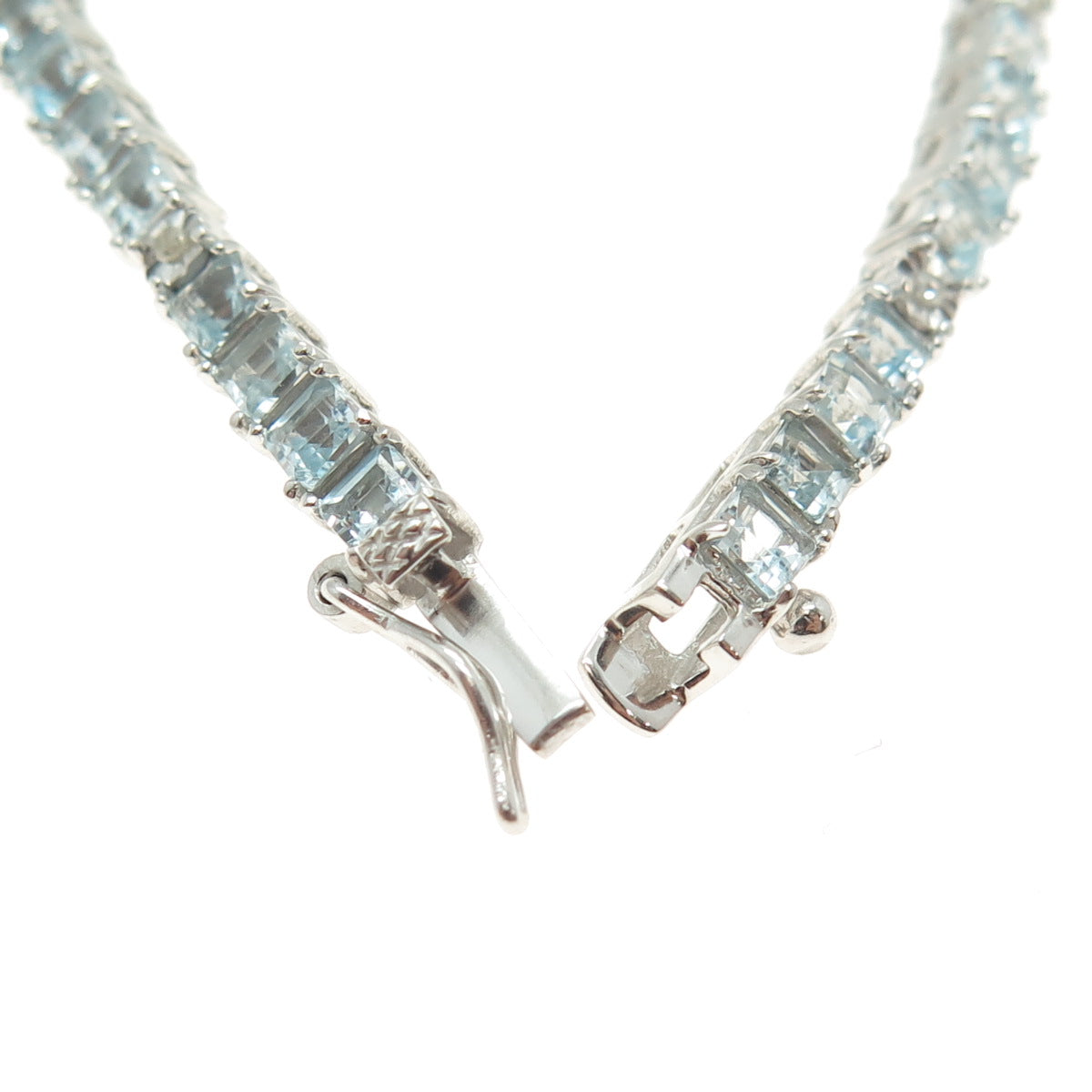 925 Sterling Silver Real Diamond & Princess-Cut Blue Topaz Bracelet 7.25"