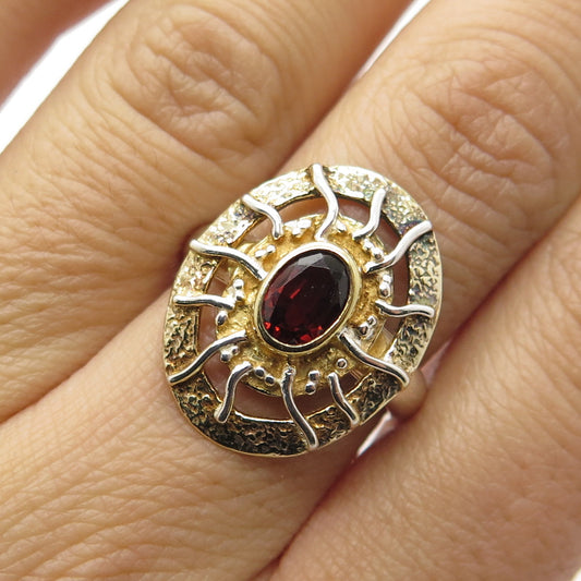 YES SILVER JEWELRY 925 Sterling 2-Tone Vintage Garnet Modernist Ring Size 6.75