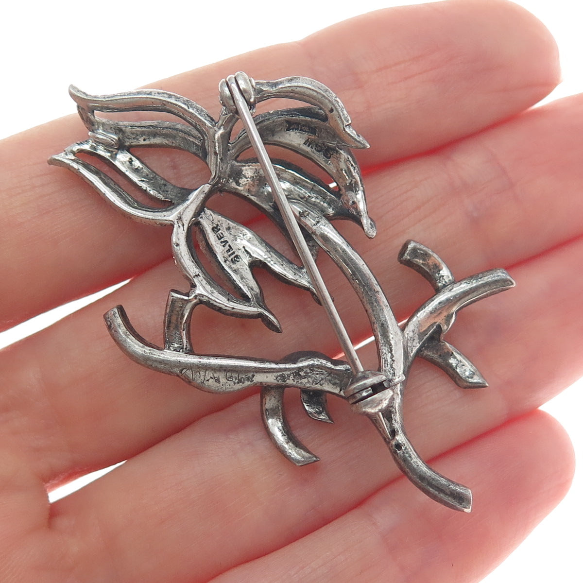925 Sterling Silver Antique 1955 SGW Birmingham Marcasite Flower Oxidized Brooch