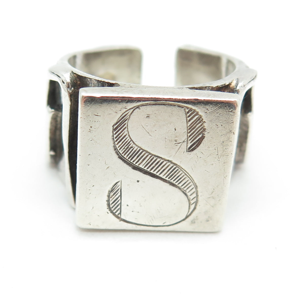 925 Sterling Silver Vintage Engraved Letter "S" Adjustable Ring Size 10