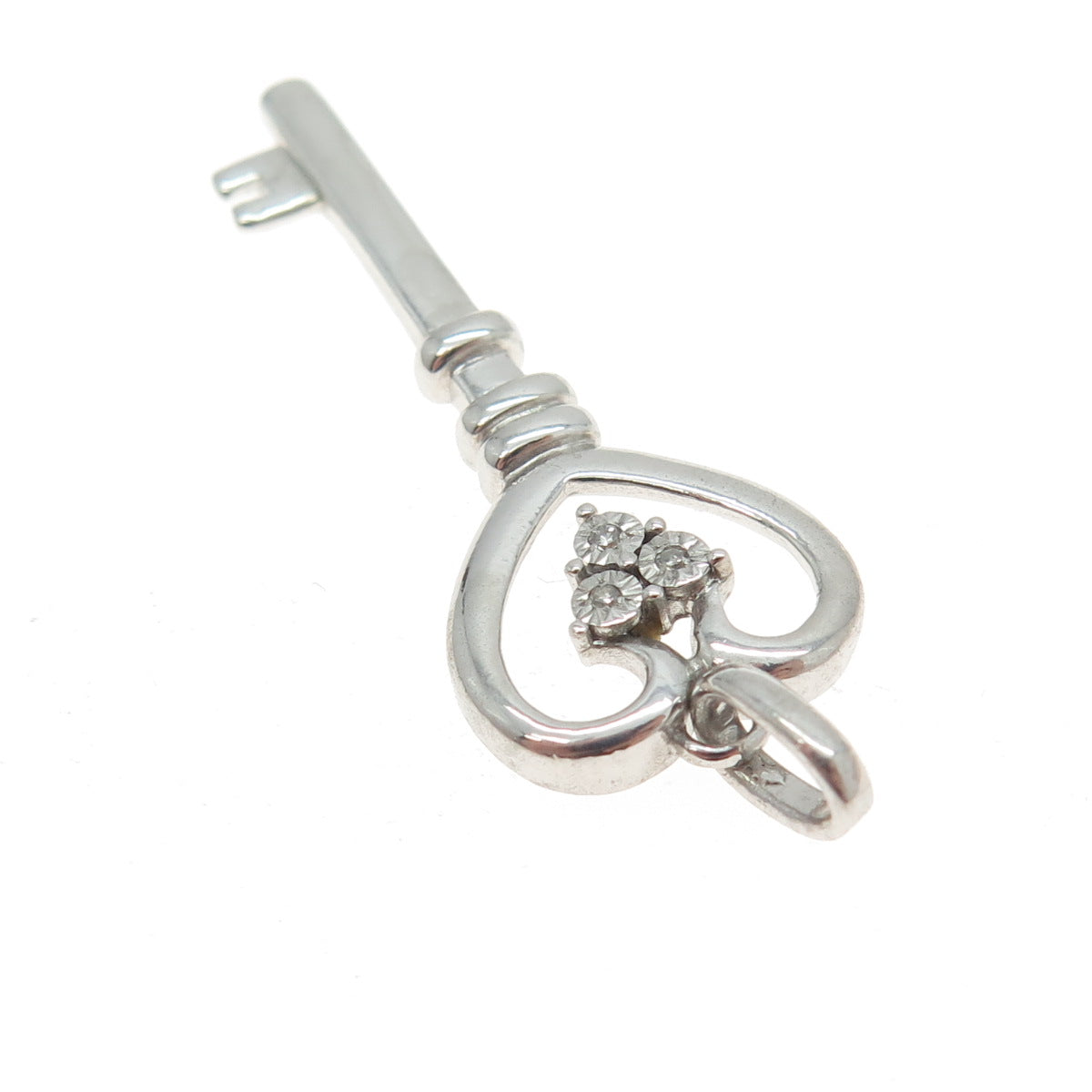 925 Sterling Silver Real Round-Cut Diamond Heart Key Charm Pendant