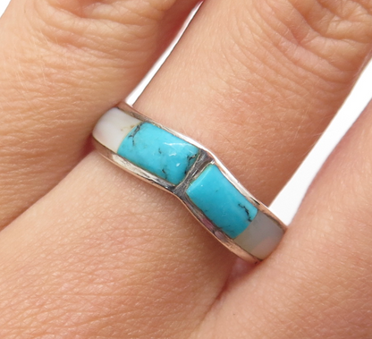 925 Sterling Silver Vintage Real Turquoise & Mother-of-Pearl Ring Size 9