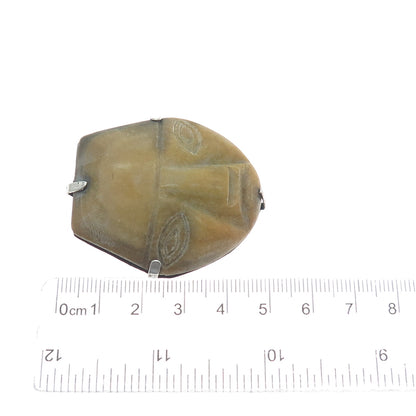 925 Sterling Silver Vintage Mexico Green Onyx Tecali Ceremonial Mask Pin Brooch