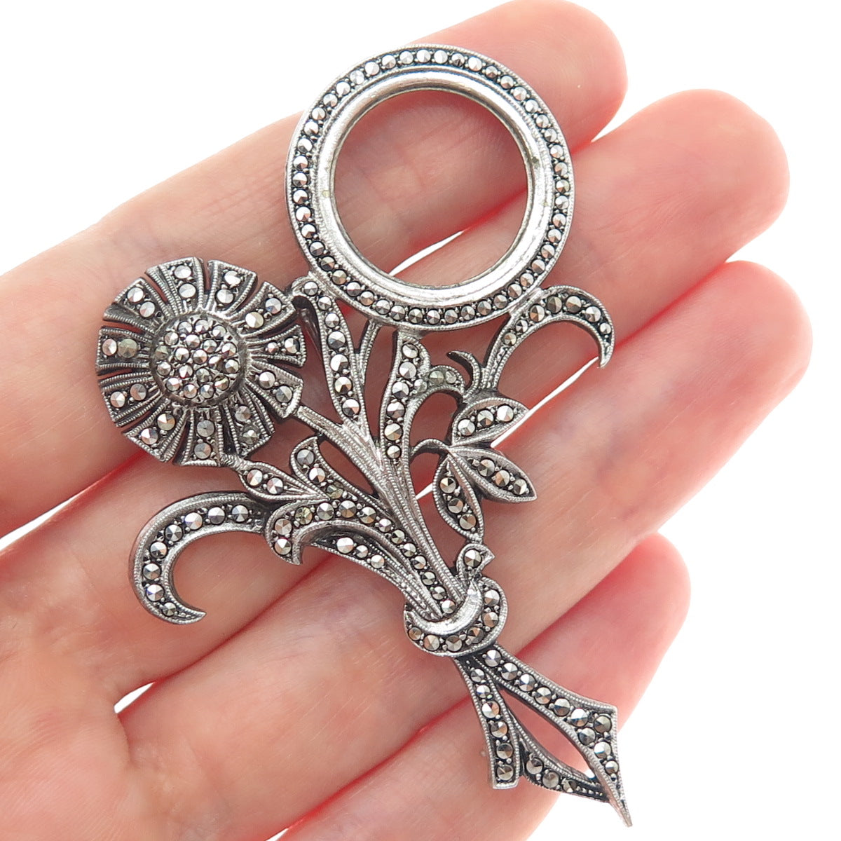 925 Sterling Silver Antique Art Deco Real Marcasite Flower Oxidized Pin Brooch