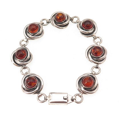 925 Sterling Silver Vintage Mexico Real Amber Trinity Link Bracelet 7.5"