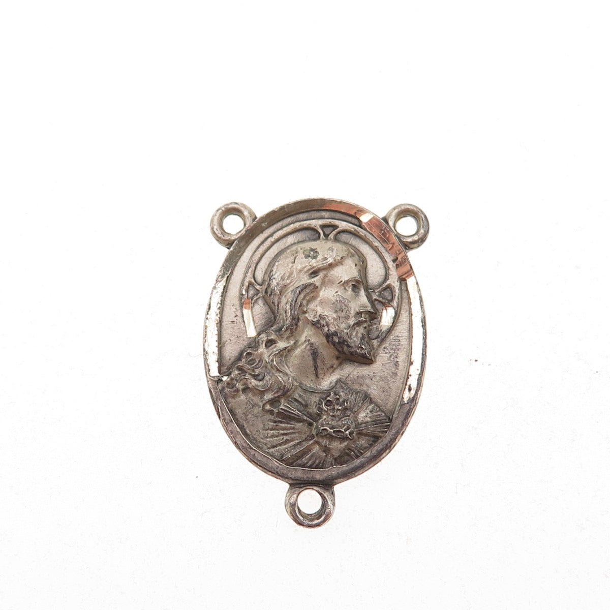 925 Sterling Silver Antique Art Deco Jesus & St. Mary Rosary Chain Charm Pendant