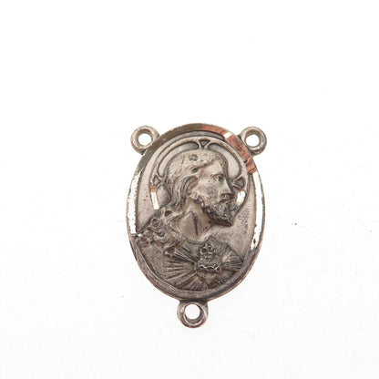 925 Sterling Silver Antique Art Deco Jesus & St. Mary Rosary Chain Charm Pendant