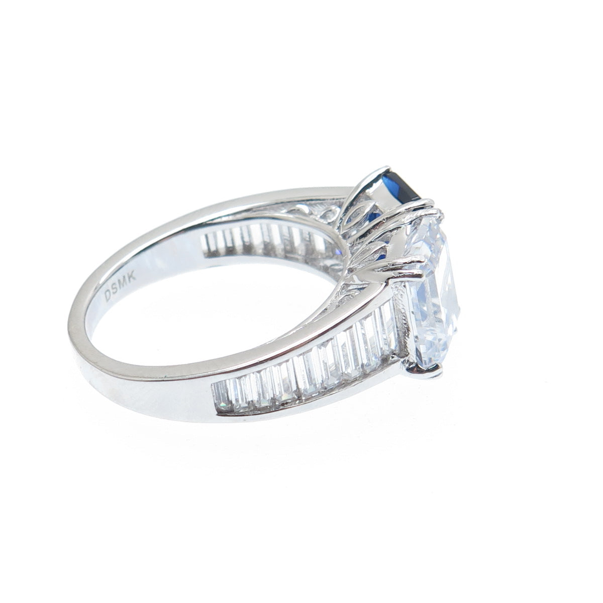 DSMK 925 Sterling Silver White & Blue Emerald-Cut Shaped C Z Ring Size 7.25