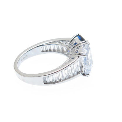 DSMK 925 Sterling Silver White & Blue Emerald-Cut Shaped C Z Ring Size 7.25