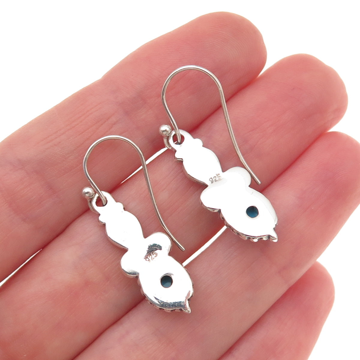 925 Sterling Silver Vintage Real Turquoise Heart Oxidized Dangle Earrings