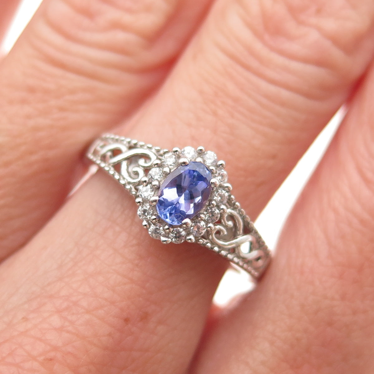 Chuck Clemency 925 Sterling Silver Real Tanzanite & White Topaz Ring Size 8.25