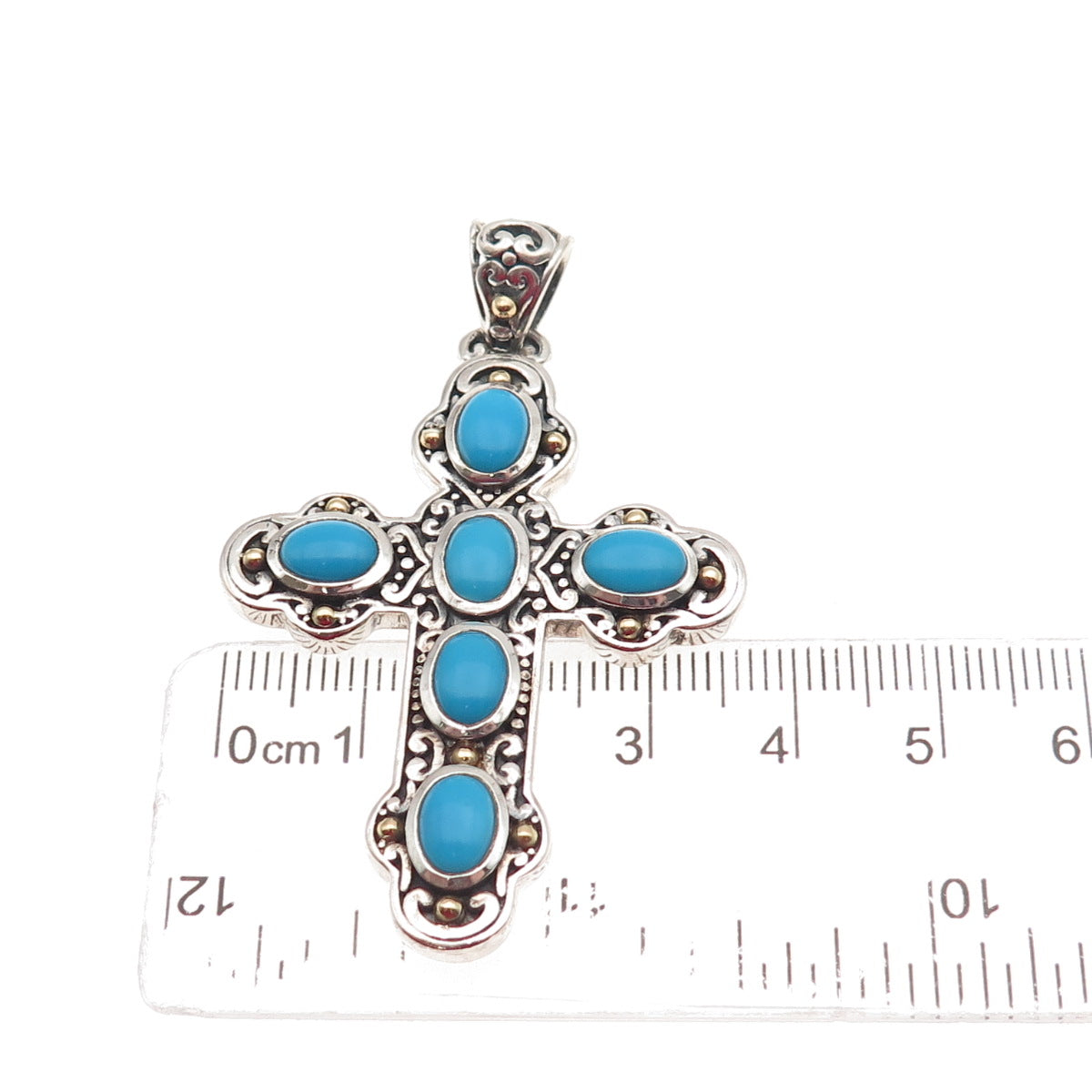 Samuel Benham 925 Sterling Silver 18K Gold Real Turquoise Cross Beaded Pendant