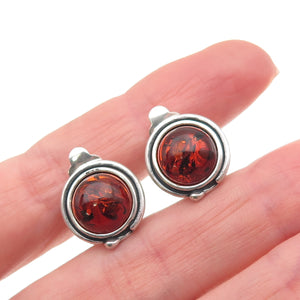 925 Sterling Silver Vintage Real Amber Oxidized Clip On Earrings