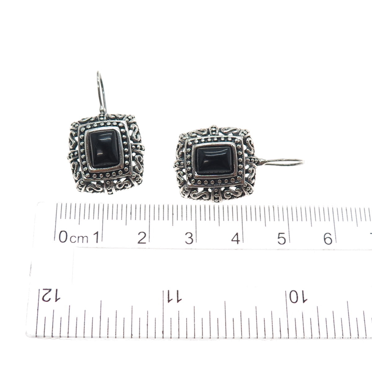 925 Sterling Silver Vintage Real Black Onyx Ornate Oxidized Dangle Earrings