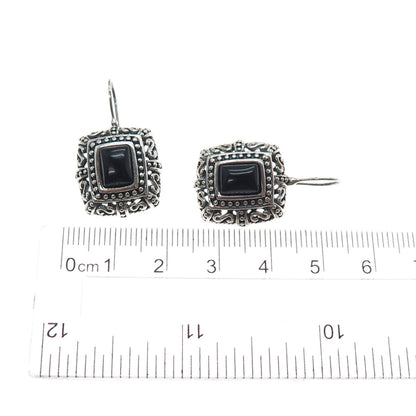 925 Sterling Silver Vintage Real Black Onyx Ornate Oxidized Dangle Earrings
