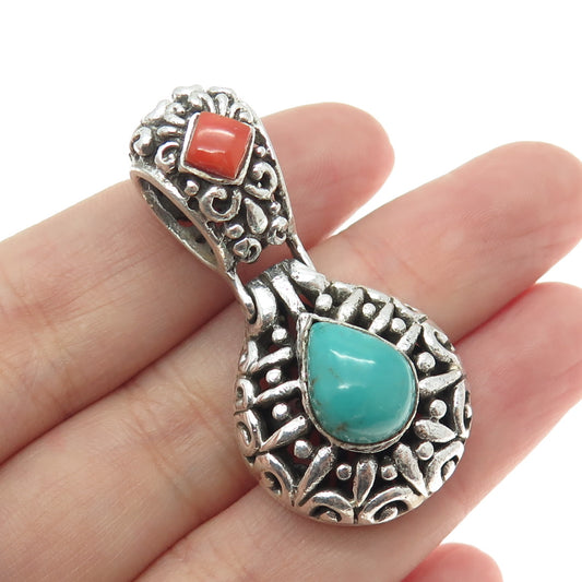 925 Sterling Silver Vintage Real Kingman Turquoise & Coral Ornate Pendant