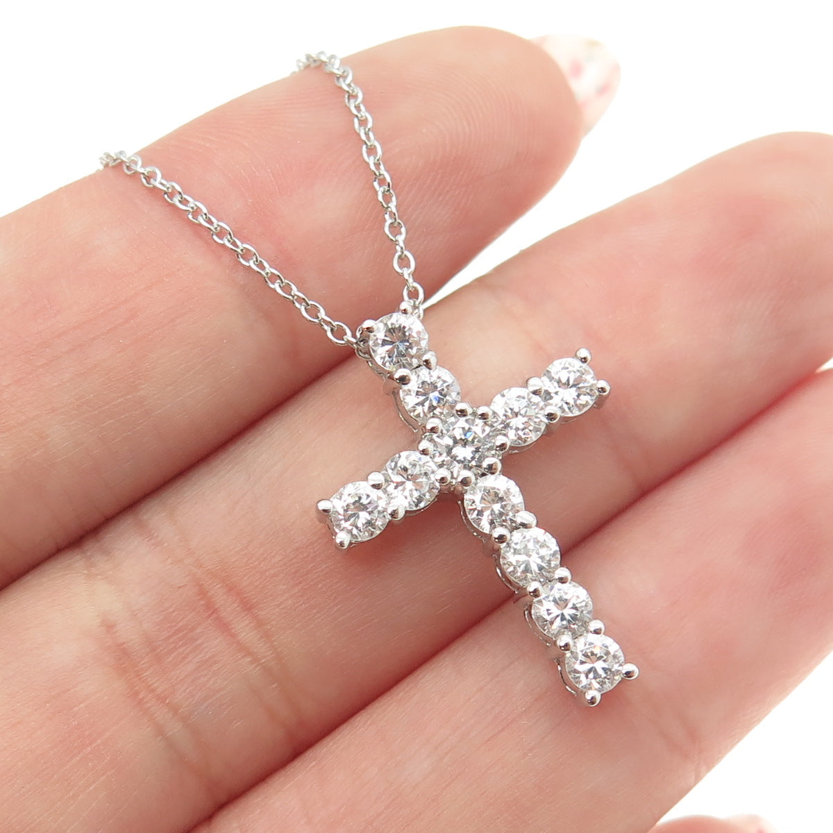 925 Sterling Silver Round-Cut C Z Cross Cable Chain Necklace 17-19"