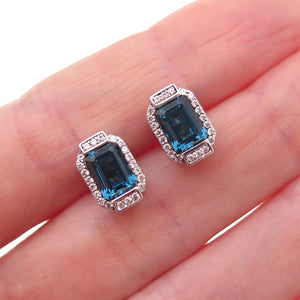 Han 925 Sterling Silver Emerald-Cut Blue & Round-Cut White C Z Stud Earrings
