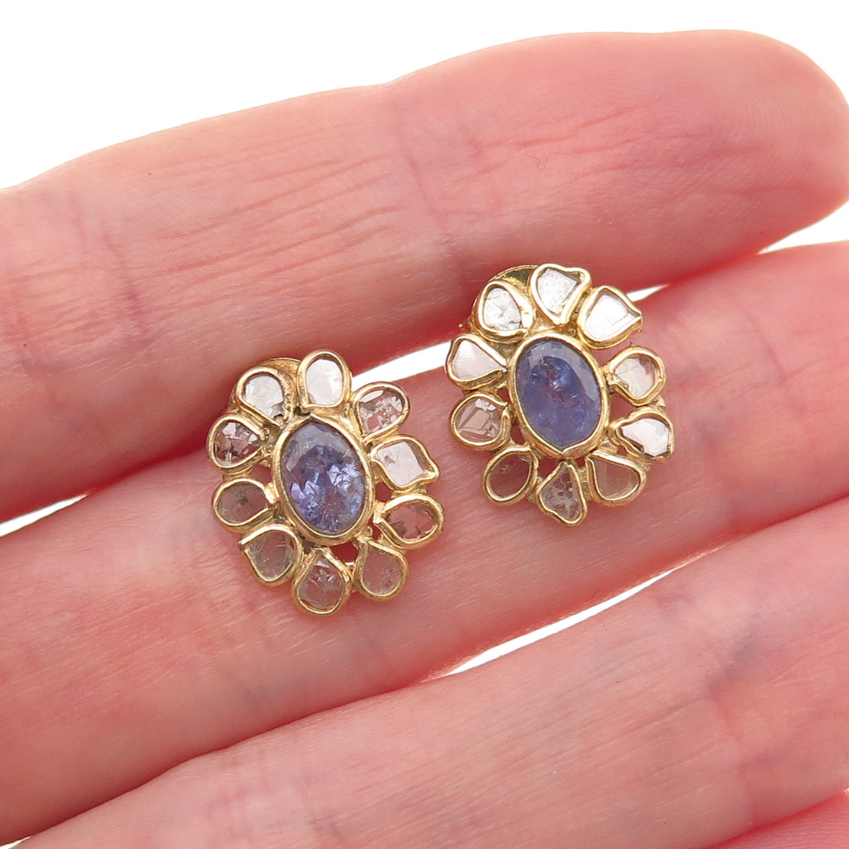 925 Sterling Silver Gold Plated Real Rose-Cut Diamond Tanzanite Floral Earrings