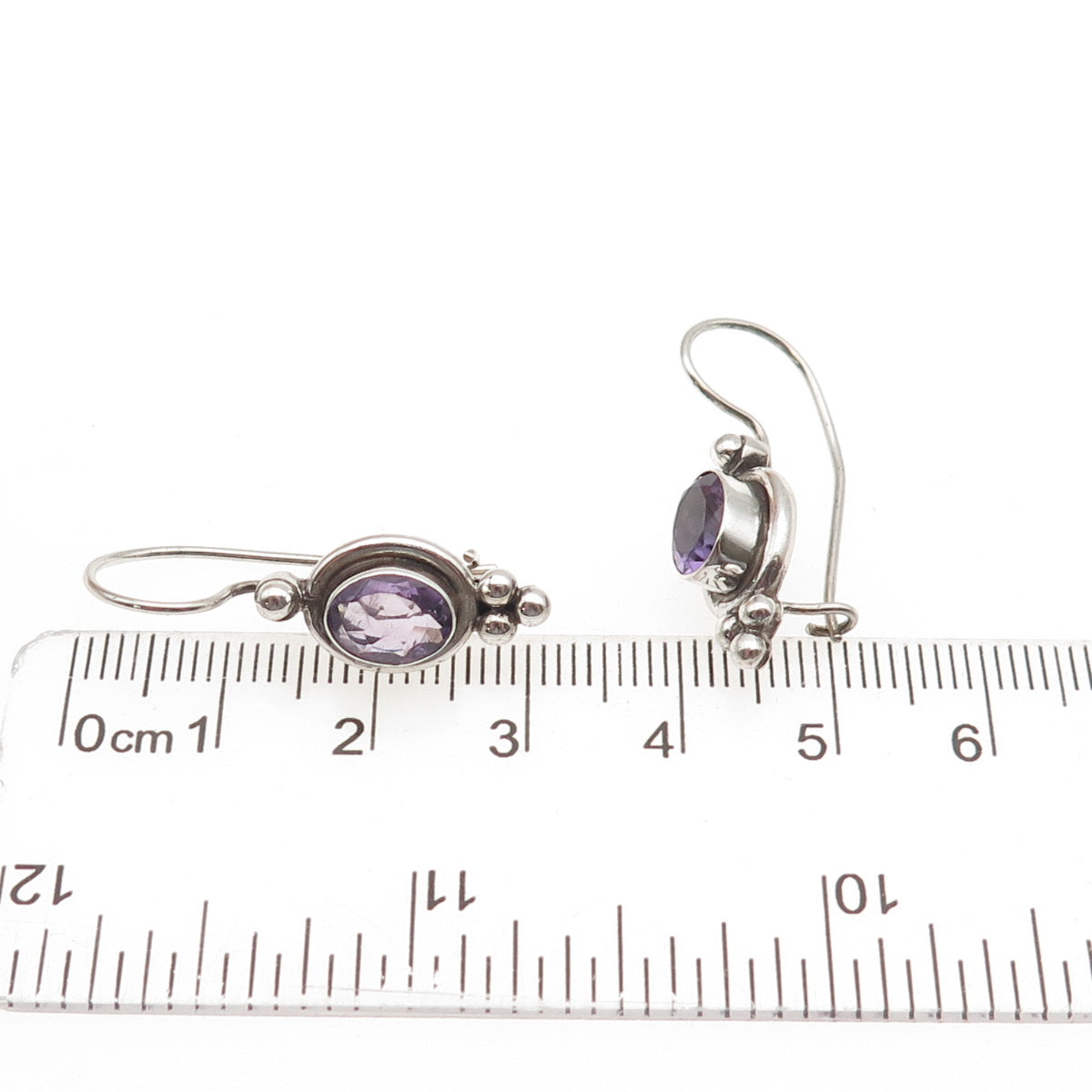925 Sterling Silver Vintage Real Oval-Cut Amethyst Beaded Earrings