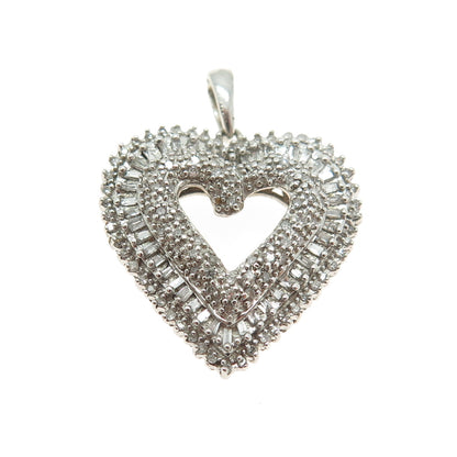 925 Sterling Silver Real Round & Tapered Baguette-Cut Diamond Heart Pendant