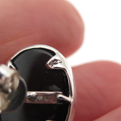 925 Sterling Silver Vintage Real Black Onyx Modernist Twisted Earrings