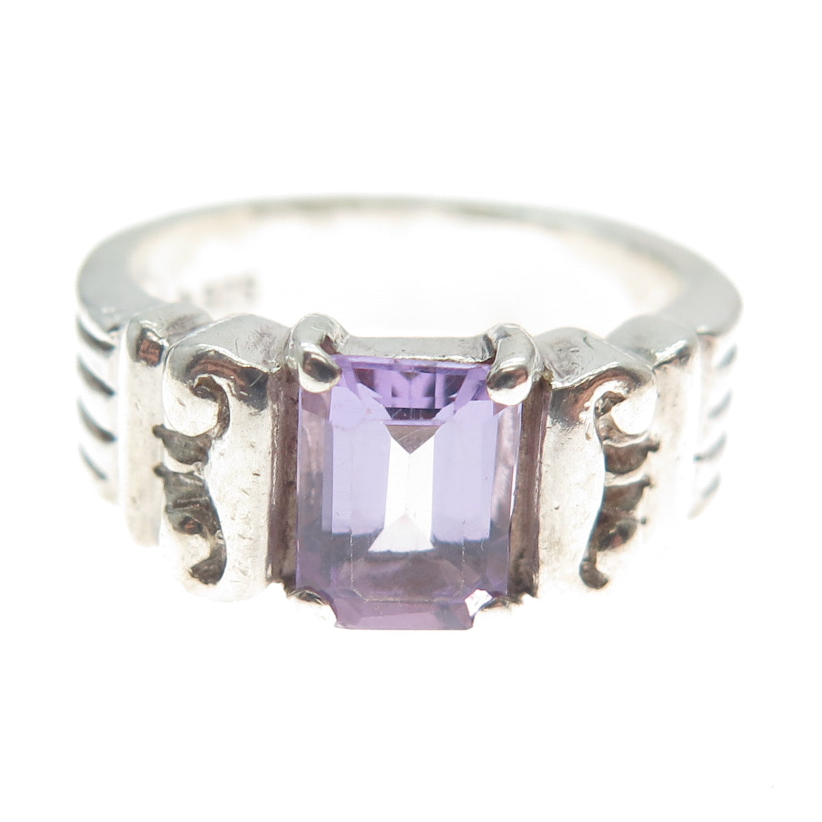 925 Sterling Silver Vintage Real Emerald-Cut Amethyst Gem Column Ring Size 7.75