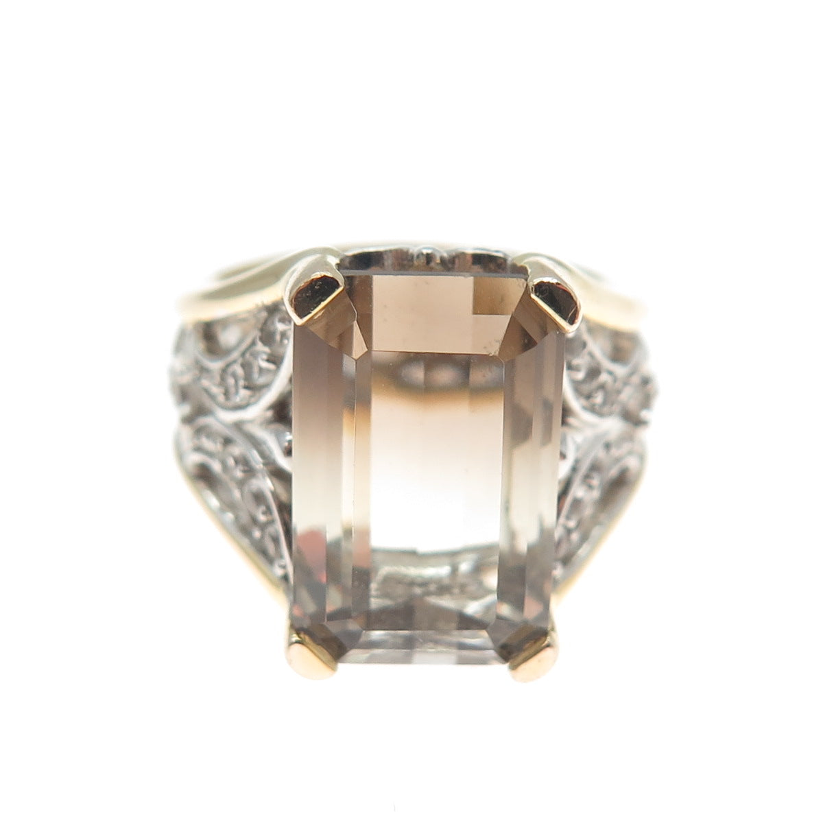 925 Sterling Silver 2-Tone Real Emerald-Cut Smoky Quartz White Topaz Ring Size 5