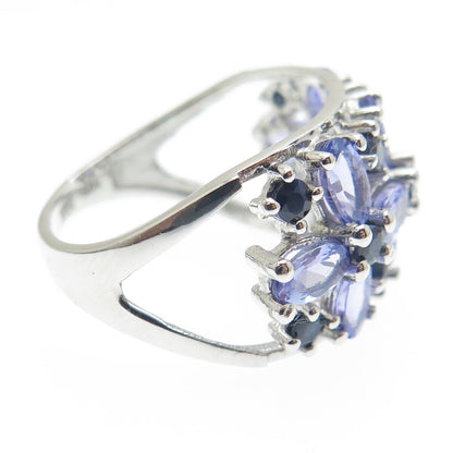 DSMK 925 Sterling Silver Tanzanite & Sapphire Gem Floral Cluster Ring Size 7