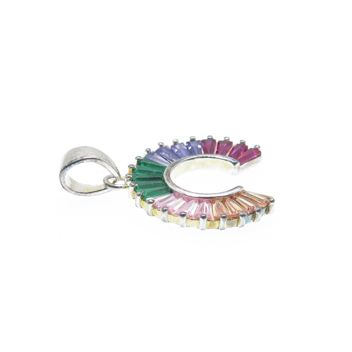 925 Sterling Silver Multi-Color Tapered Baguette-Cut C Z Rainbow Charm Pendant