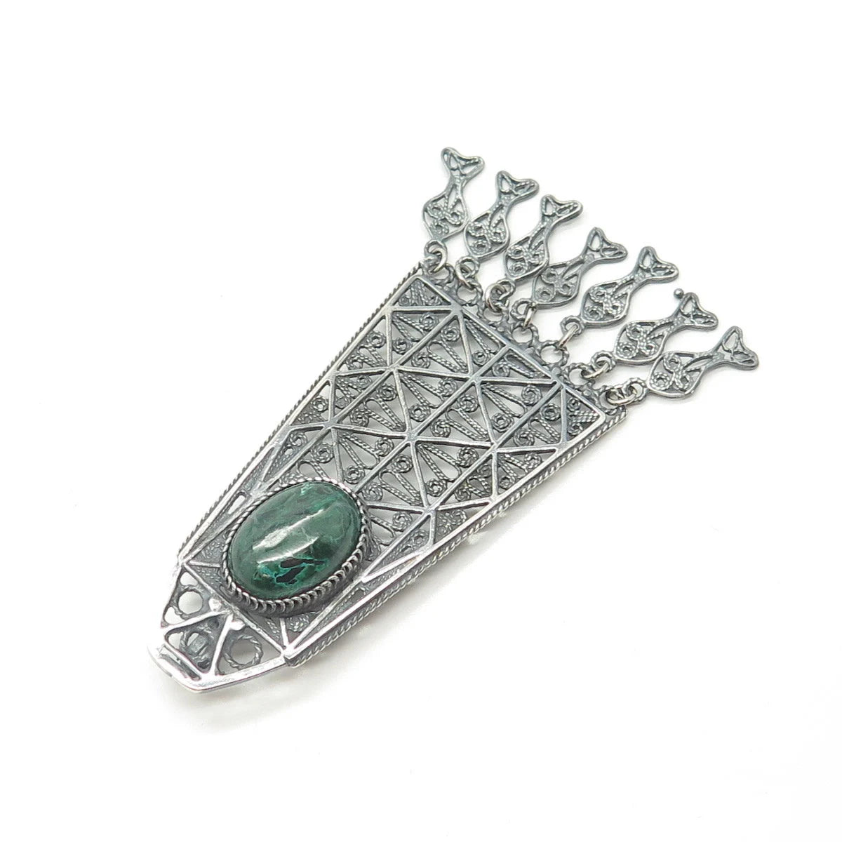 925 Sterling Silver Vintage Real Chrysocolla Gem Filigree Ethnic Slide Pendant