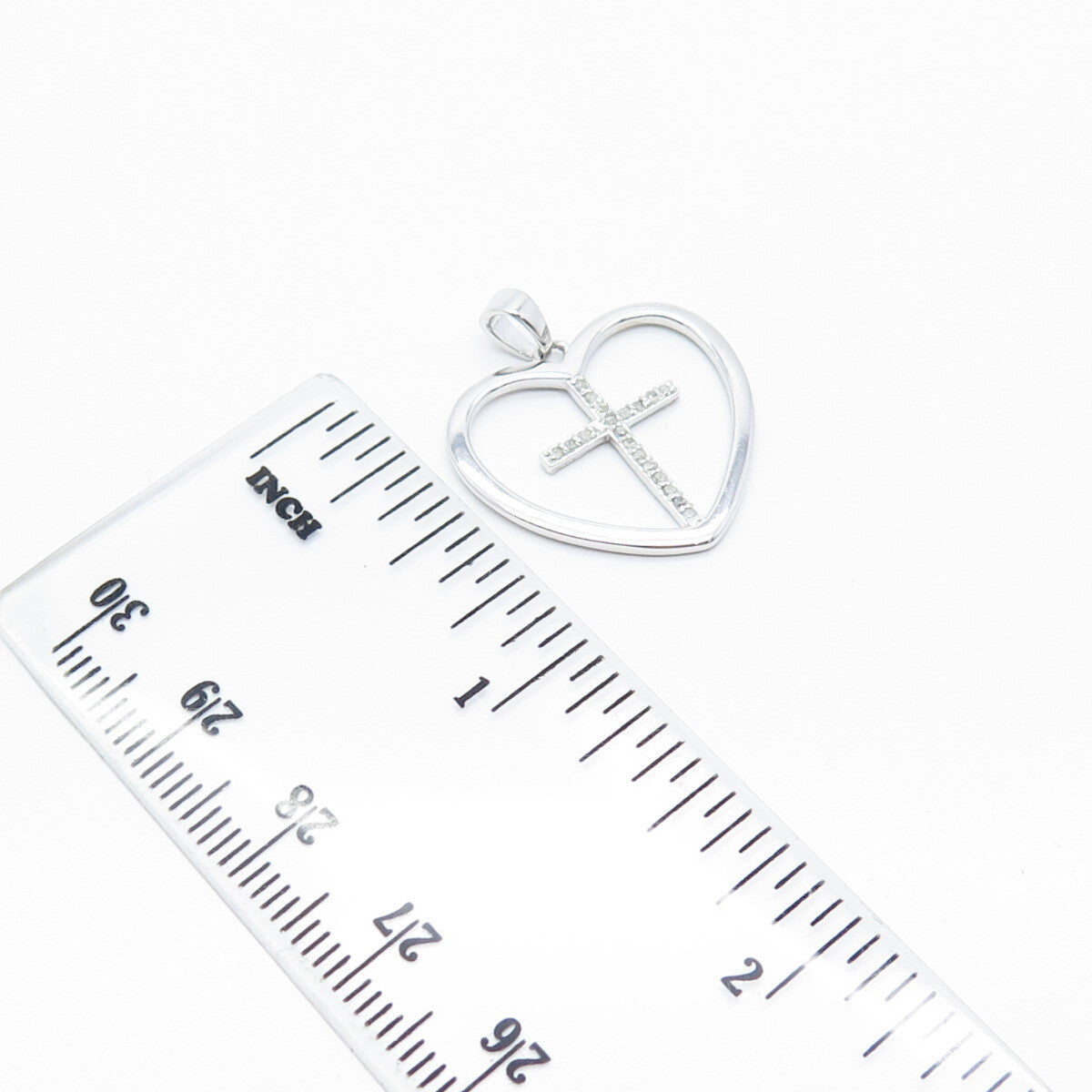 925 Sterling Silver Real White Diamond Cross & Heart Pendant