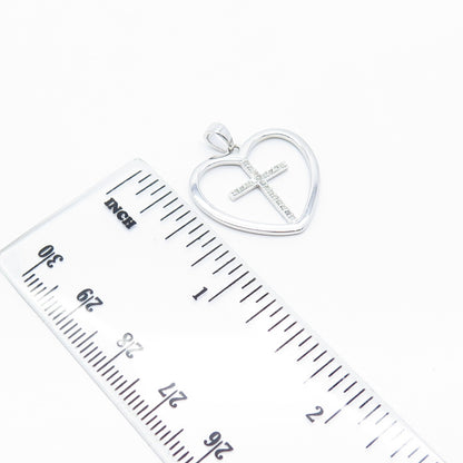 925 Sterling Silver Real White Diamond Cross & Heart Pendant