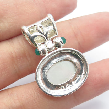 925 Sterling Silver Vintage Real Mother-of-Pearl & Chalcedony Gemstone Pendant