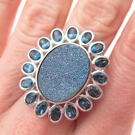 925 Sterling Silver Vintage Real Druzy & London Blue Topaz Flower Ring Size 7.25
