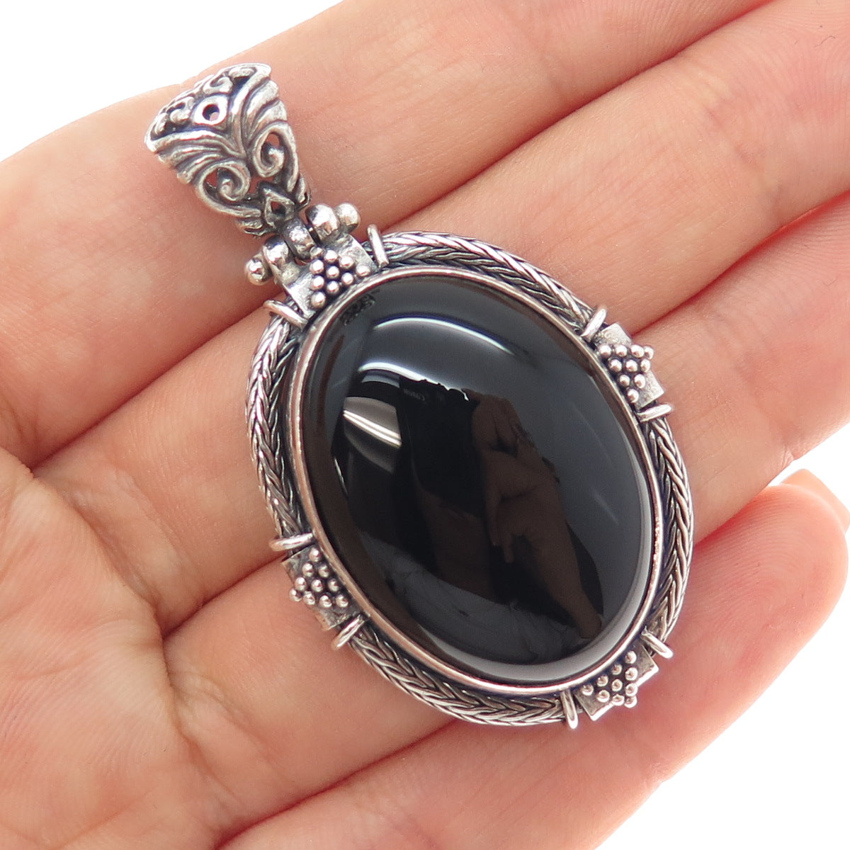 925 Sterling Silver Vintage Real Black Onyx Ornate Oxidized Pendant
