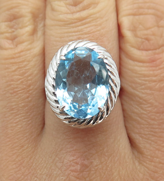 925 Sterling Silver Real Oval-Cut Blue Topaz Gem Ribbed Twisted Ring Size 6.25