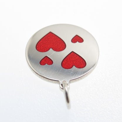 925 Sterling Silver Red Enamel Family Hearts Round Tag Minimalist Charm Pendant