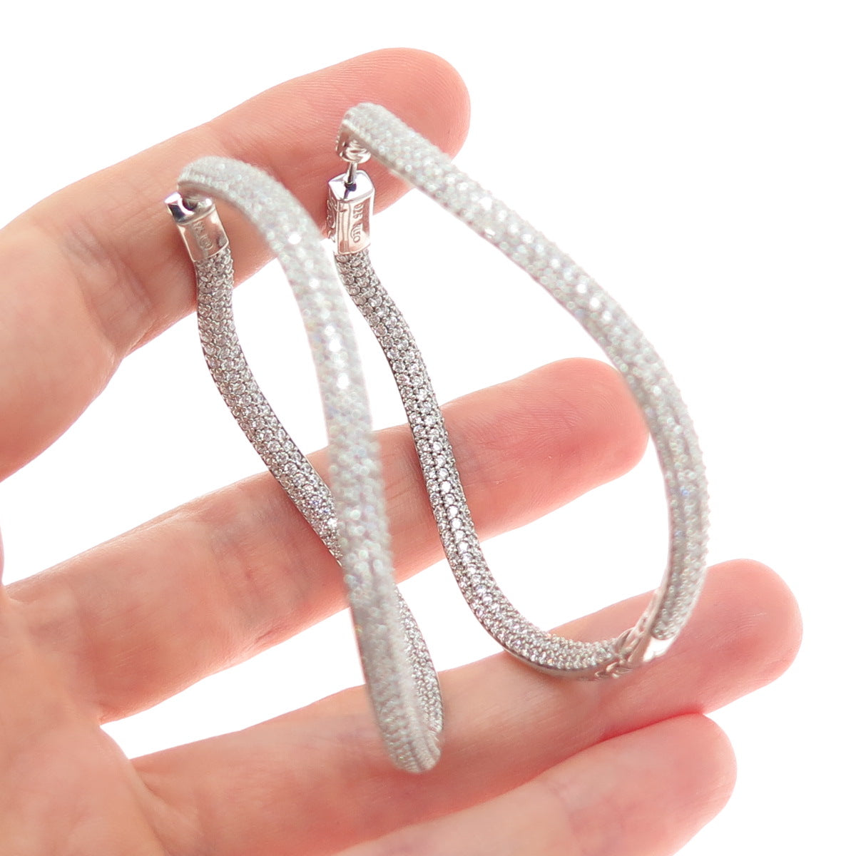 KLEO 925 Sterling Silver Round-Cut C Z In & Out Wavy Large Hoop Earrings