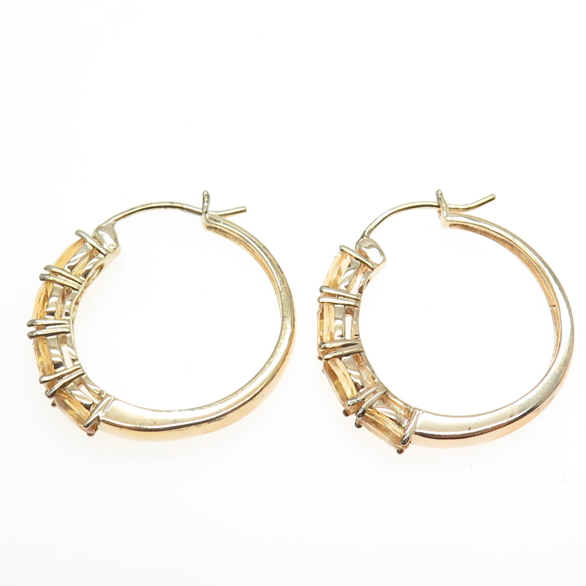 925 Sterling Silver Gold Plated Citrine Gem Hinged Hoop Earrings