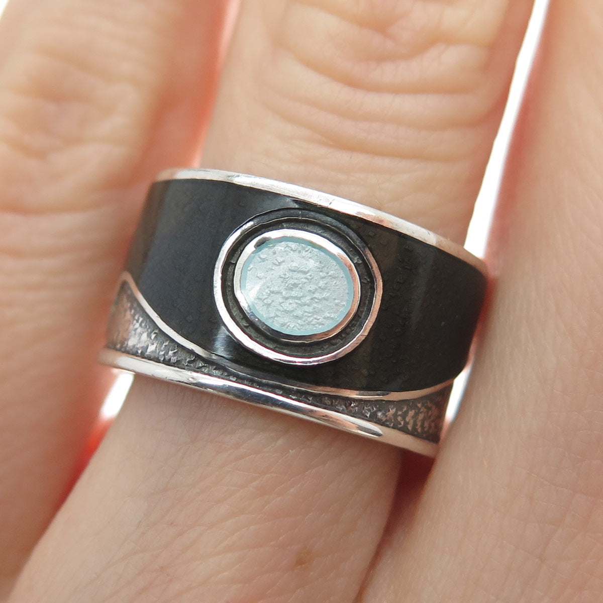 C. LAMOND FILS 925 Sterling Silver Vintage Enamel Modernist Band Ring Size 6.25