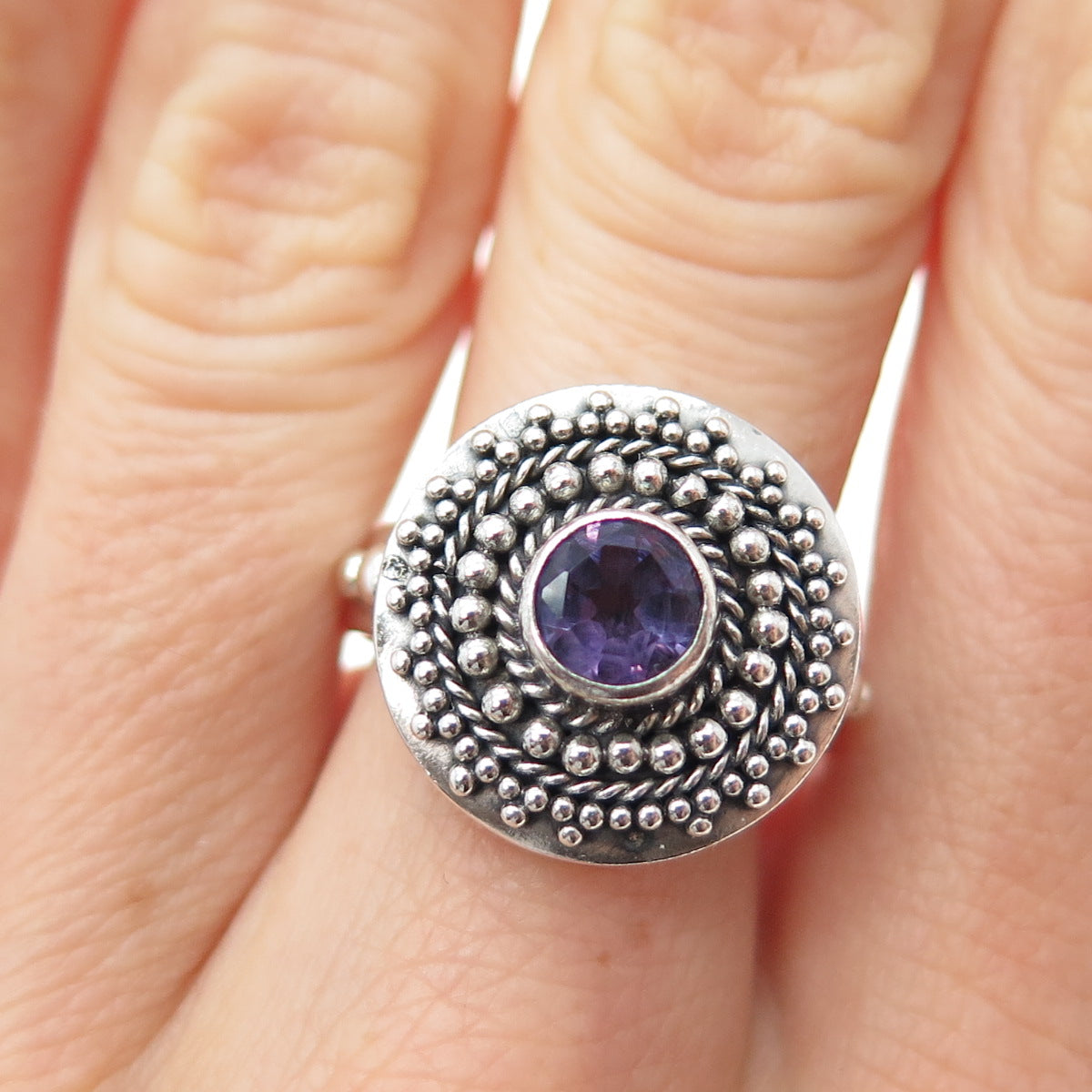 BC Silver Ned Bowman Sterling Vintage Amethyst Beaded Oxidized Ring Size 8.25